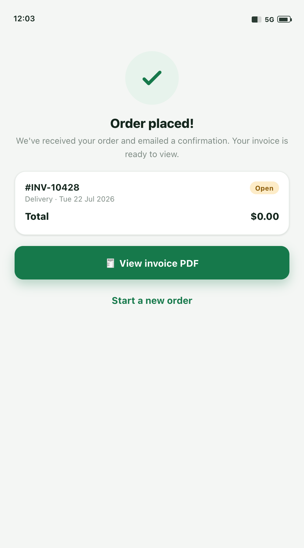 SuiteOrder order confirmation screen