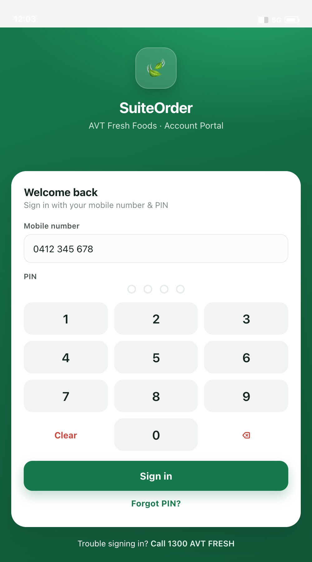 SuiteOrder login screen
