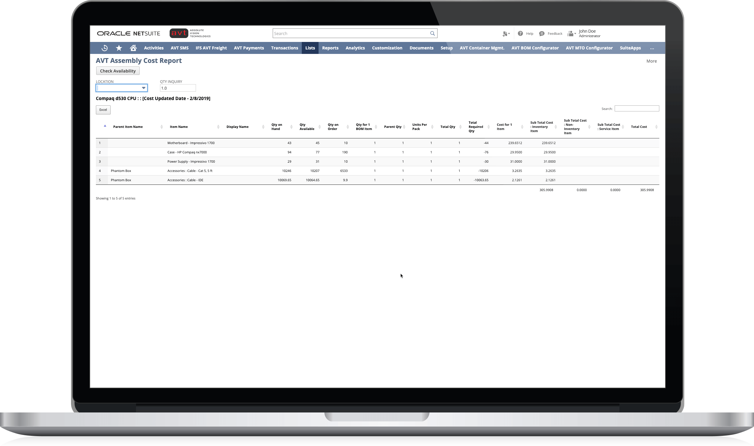 AVT Bill of Material (BOM) costing for NetSuite