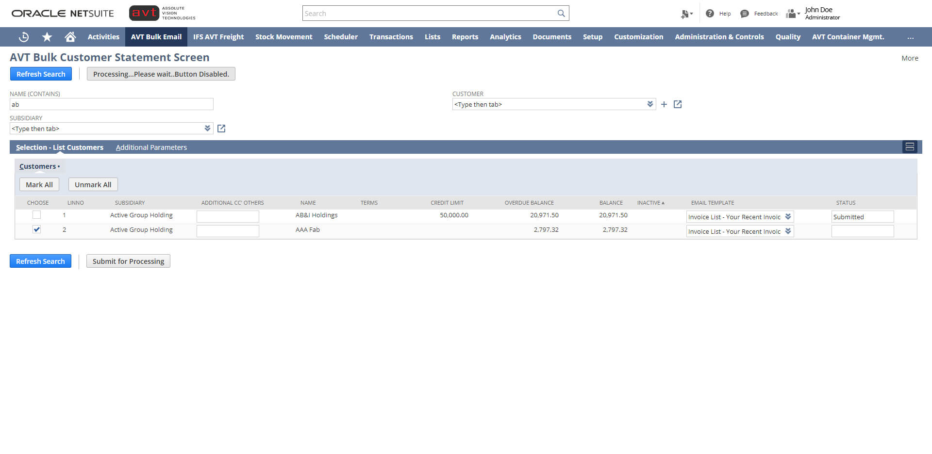 AVT Bulk Invoicing App - Screen 3