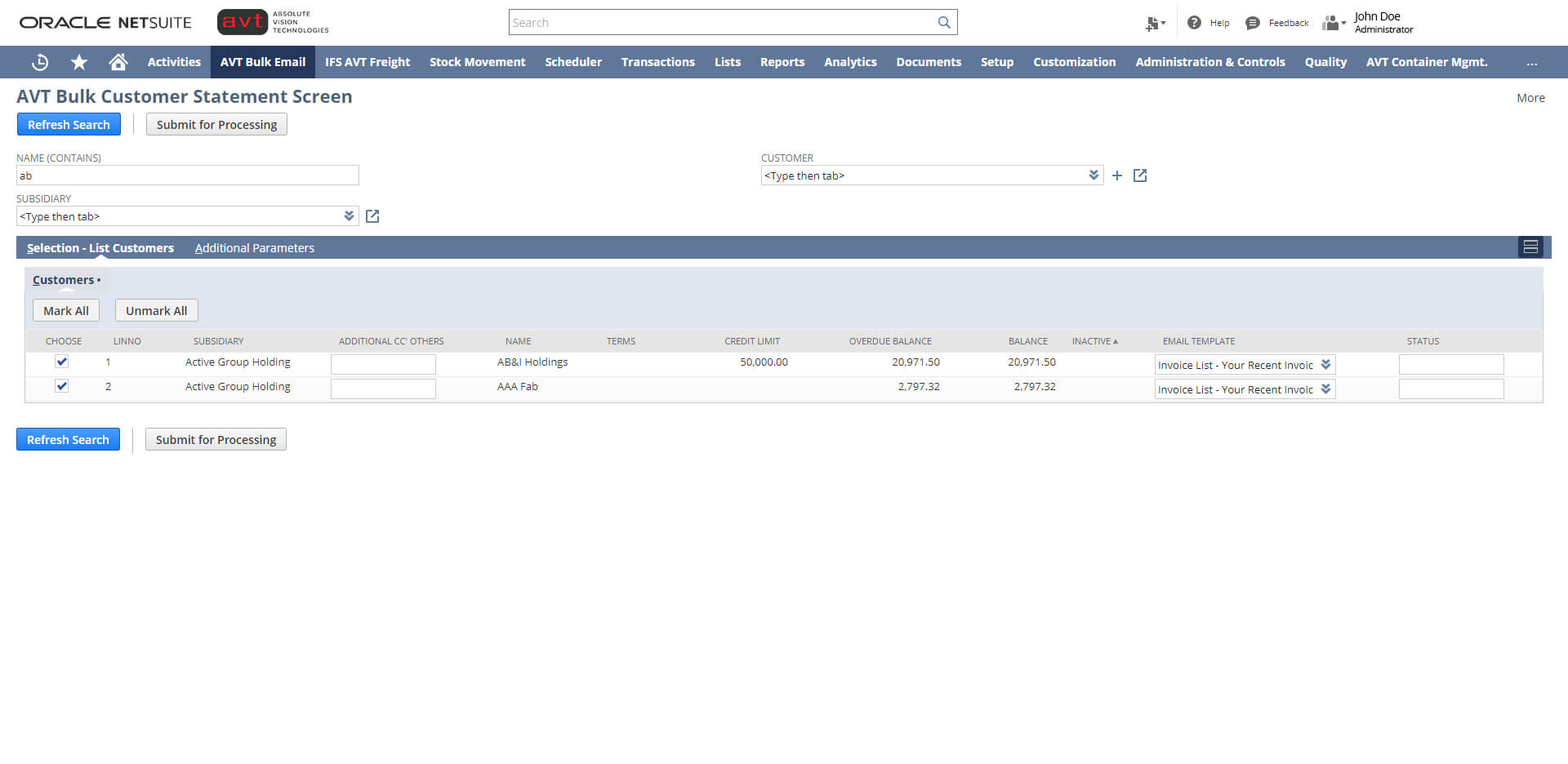 AVT Bulk Invoicing App - Screen 1