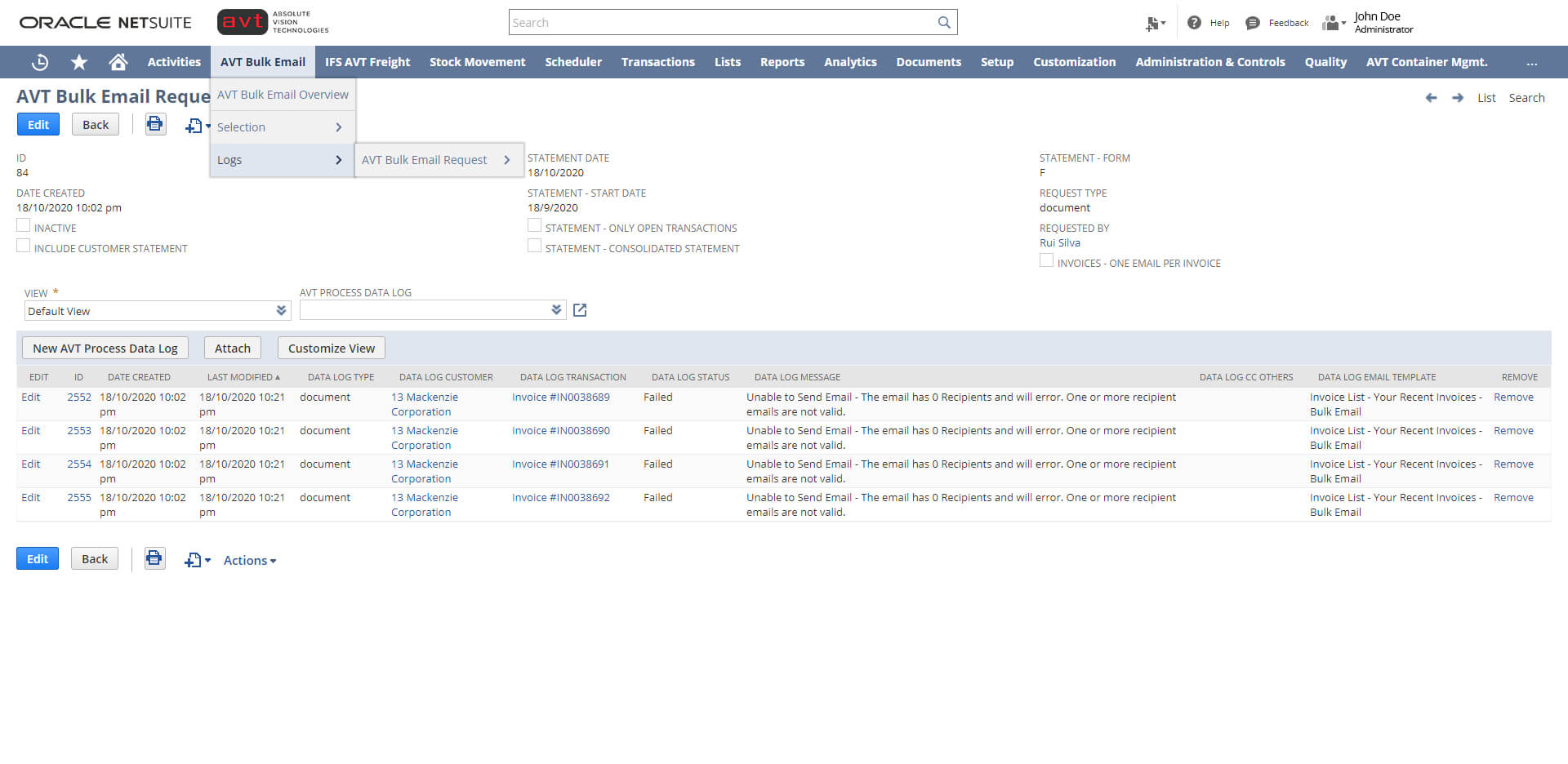 AVT Bulk Invoicing App - Log Record 2