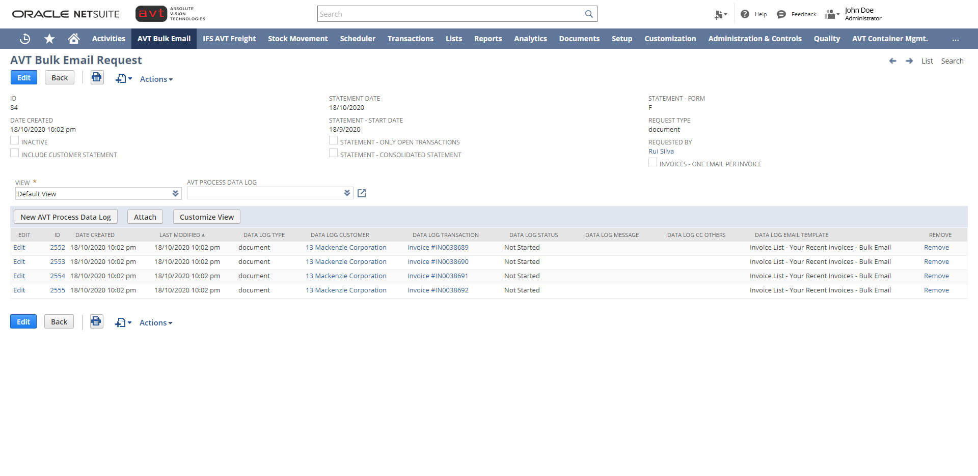 AVT Bulk Invoicing App - Log Record 1